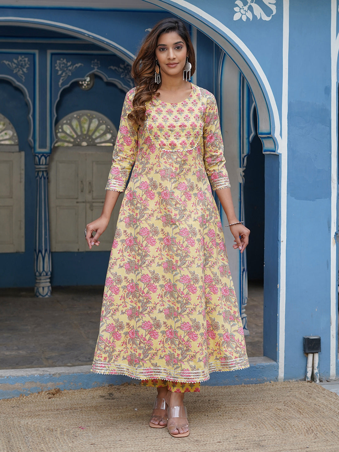 Jaitpuriya Women Mustard Floral A line Kurta Pant and Dupatta Set