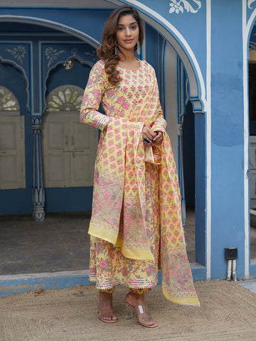 Jaitpuriya Women Mustard Floral A line Kurta Pant and Dupatta Set