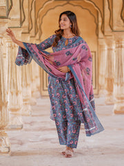 Jaitpuriya Women Blue Floral Straight Kurta Pant and Dupatta Set
