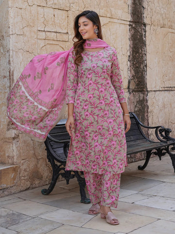 Floral Print Regular Pure Cotton Kurta With Trousers & Dupatta set