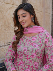 Floral Print Regular Pure Cotton Kurta With Trousers & Dupatta set