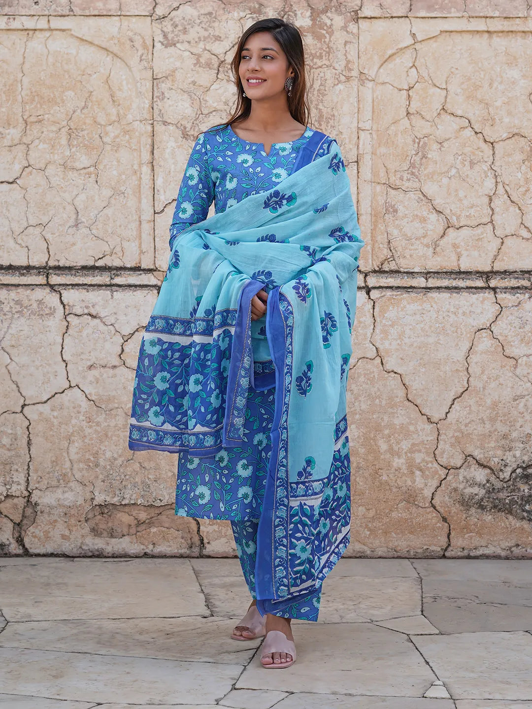 Blue Floral Printed Regular Pure Cotton Kurta with Trousers & Dupatta