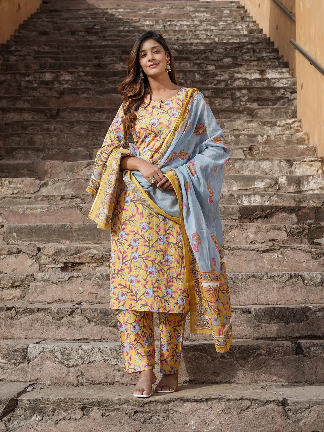 Jaitpuriya Women Yellow Floral Straight Kurta Pant and Dupatta Set