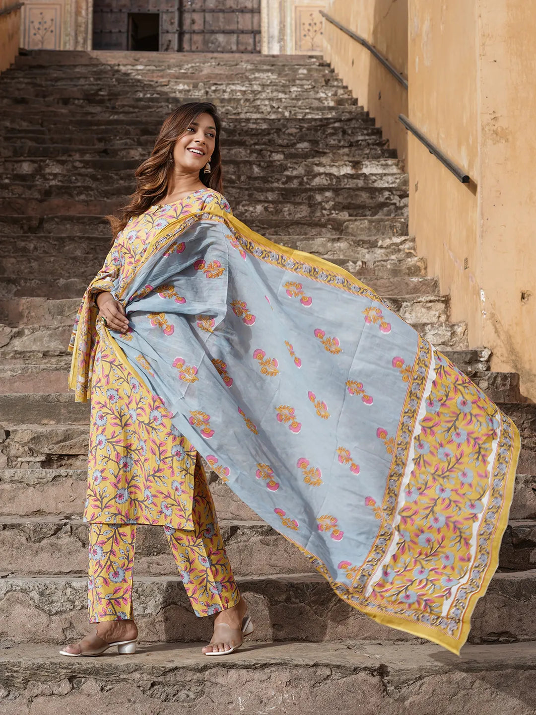 Jaitpuriya Women Yellow Floral Straight Kurta Pant and Dupatta Set