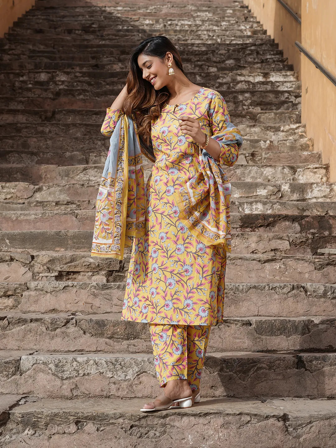 Jaitpuriya Women Yellow Floral Straight Kurta Pant and Dupatta Set