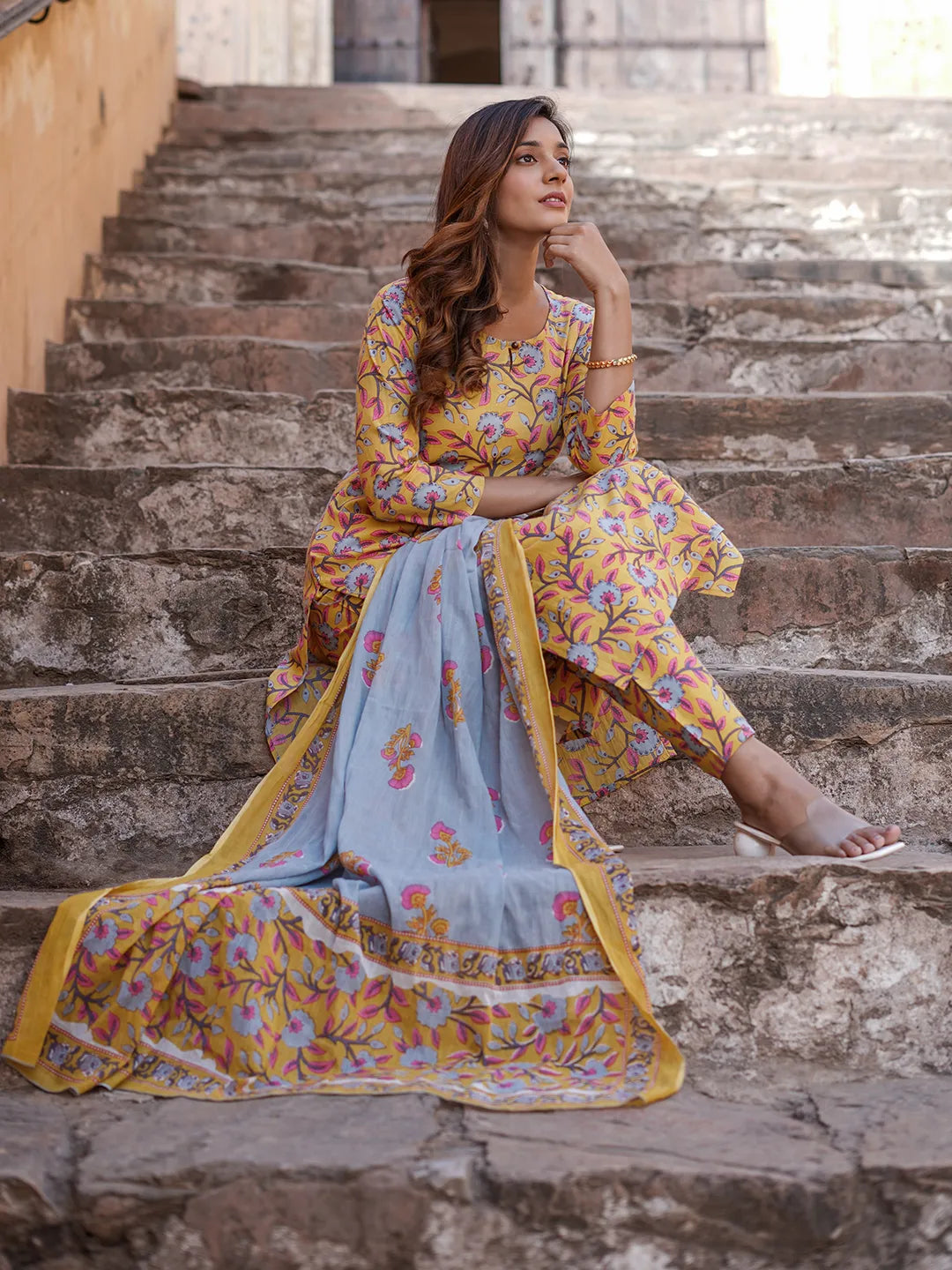 Jaitpuriya Women Yellow Floral Straight Kurta Pant and Dupatta Set