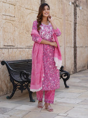 Jaitpuriya Women Pink Floral Straight Kurta Pant and Dupatta Set