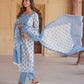 White And Blue Ethnic Motifs Printed Sequined Pure Cotton Kurta with Trousers & Dupatta