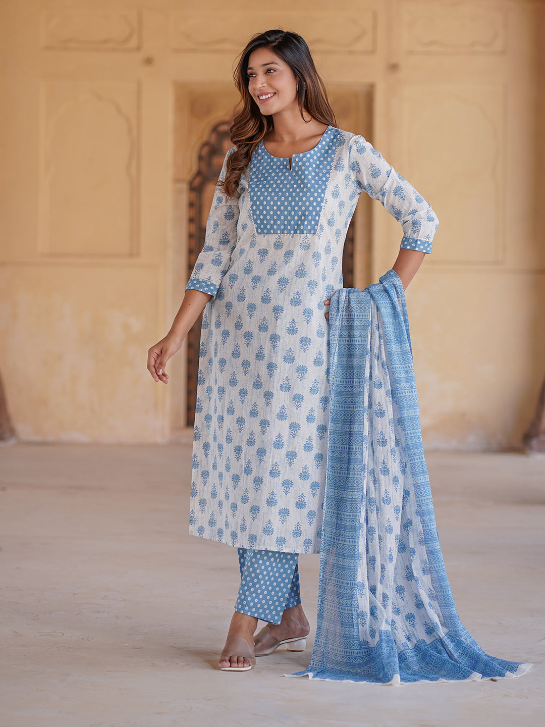 White And Blue Ethnic Motifs Printed Sequined Pure Cotton Kurta with Trousers & Dupatta