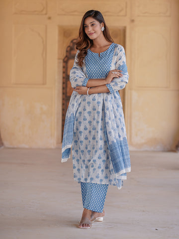 White And Blue Ethnic Motifs Printed Sequined Pure Cotton Kurta with Trousers & Dupatta