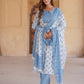 White And Blue Ethnic Motifs Printed Sequined Pure Cotton Kurta with Trousers & Dupatta