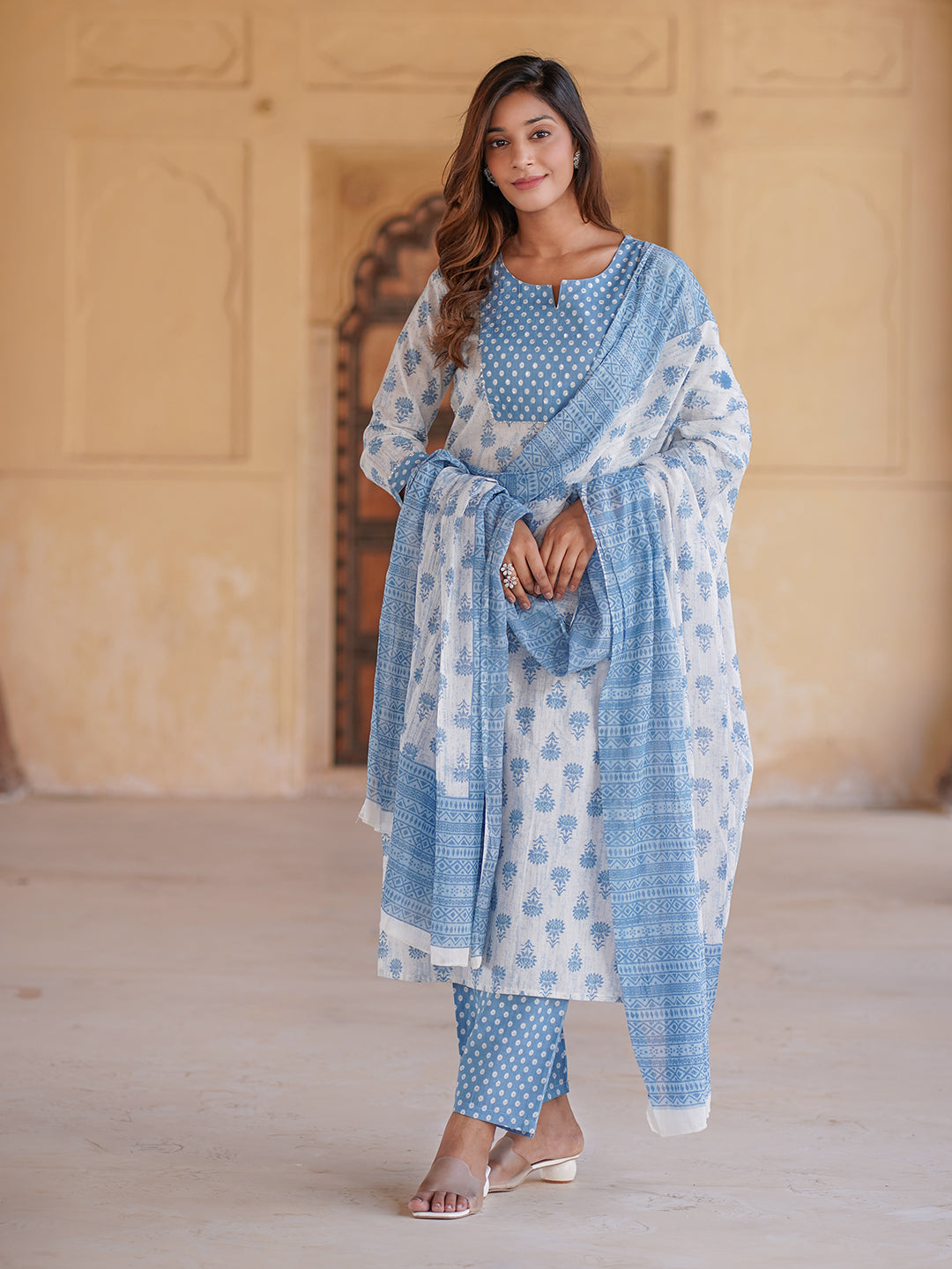 White And Blue Ethnic Motifs Printed Sequined Pure Cotton Kurta with Trousers & Dupatta