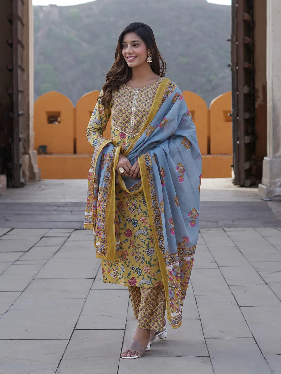 Yellow, blue & pink Ethnic Motifs Gotta Patti Pure Cotton Kurta With Trousers & Dupatta