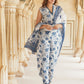 White & blue Floral Printed V-Neck Pure Cotton Straight Kurta & Trousers With Dupatta