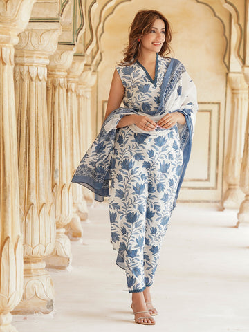 White & blue Floral Printed V-Neck Pure Cotton Straight Kurta & Trousers With Dupatta