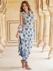 White & blue Floral Printed V-Neck Pure Cotton Straight Kurta & Trousers With Dupatta