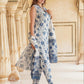 White & blue Floral Printed V-Neck Pure Cotton Straight Kurta & Trousers With Dupatta