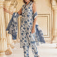 White & blue Floral Printed V-Neck Pure Cotton Straight Kurta & Trousers With Dupatta