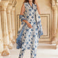 White & blue Floral Printed V-Neck Pure Cotton Straight Kurta & Trousers With Dupatta