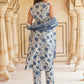 White & blue Floral Printed V-Neck Pure Cotton Straight Kurta & Trousers With Dupatta