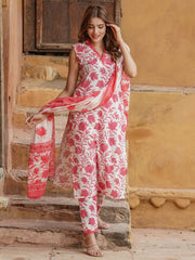 Jaitpuriya Women Red Floral Straight Kurta Pant and Dupatta Set
