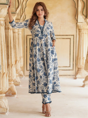 Blue & white Floral Printed Regular Pure Cotton Kurta & Trousers With Dupatta