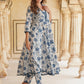 Blue & white Floral Printed Regular Pure Cotton Kurta & Trousers With Dupatta