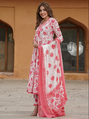 Jaitpuriya Women Red Floral Anarkali Kurta Pant and Dupatta Set