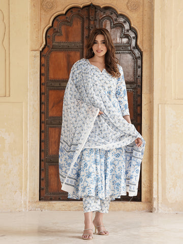 Blue and white Floral Printed Gotta Patti Pure Cotton Anarkali Kurta with Trousers & Dupatta
