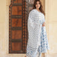 Blue and white Floral Printed Gotta Patti Pure Cotton Anarkali Kurta with Trousers & Dupatta