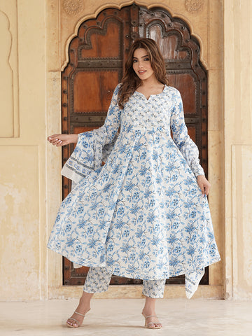 Blue and white Floral Printed Gotta Patti Pure Cotton Anarkali Kurta with Trousers & Dupatta