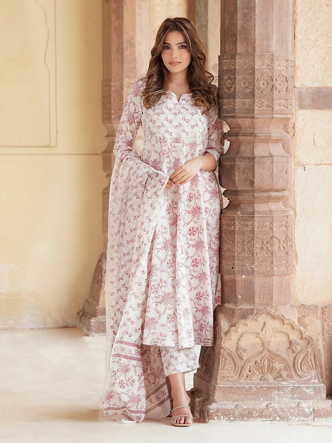 Jaitpuriya Women Rust Floral Anarkali Kurta Pant and Dupatta Set