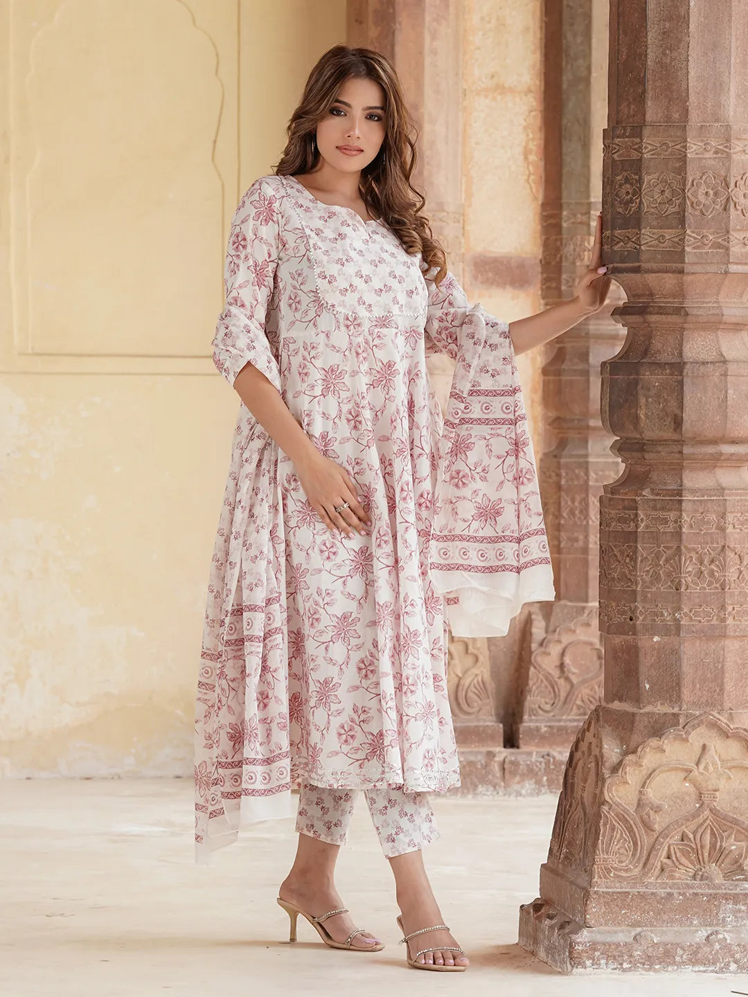 Jaitpuriya Women Rust Floral Anarkali Kurta Pant and Dupatta Set
