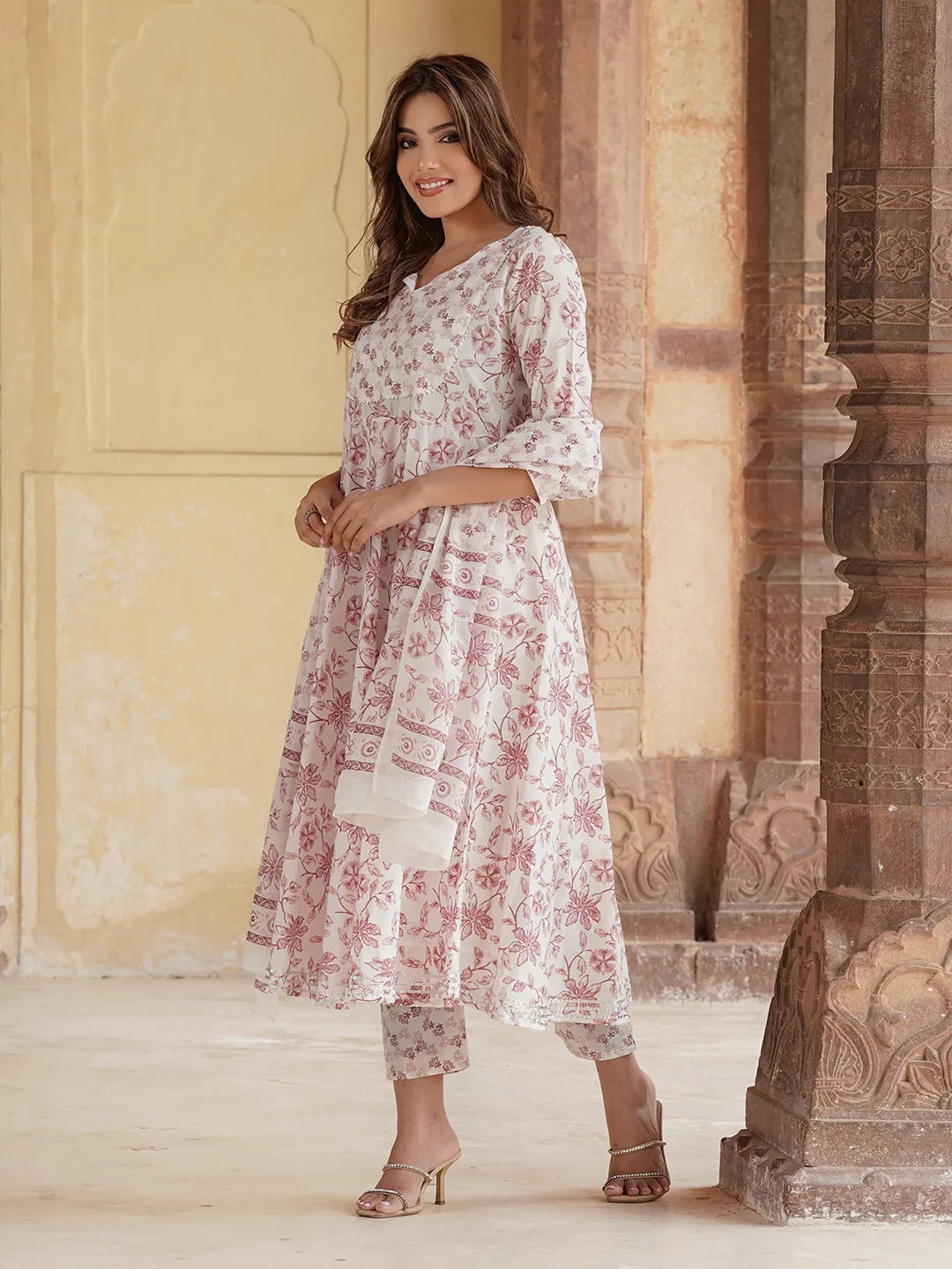 Jaitpuriya Women Rust Floral Anarkali Kurta Pant and Dupatta Set