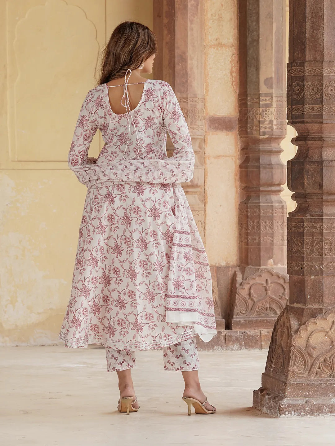 Jaitpuriya Women Rust Floral Anarkali Kurta Pant and Dupatta Set