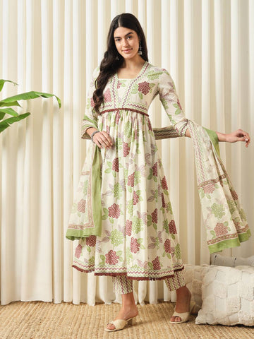 JAITPURIYA FASHION Floral Printed Empire Pure Cotton Flared Anarkali Kurta With Trousers & Dupatta