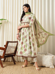 JAITPURIYA FASHION Floral Printed Empire Pure Cotton Flared Anarkali Kurta With Trousers & Dupatta