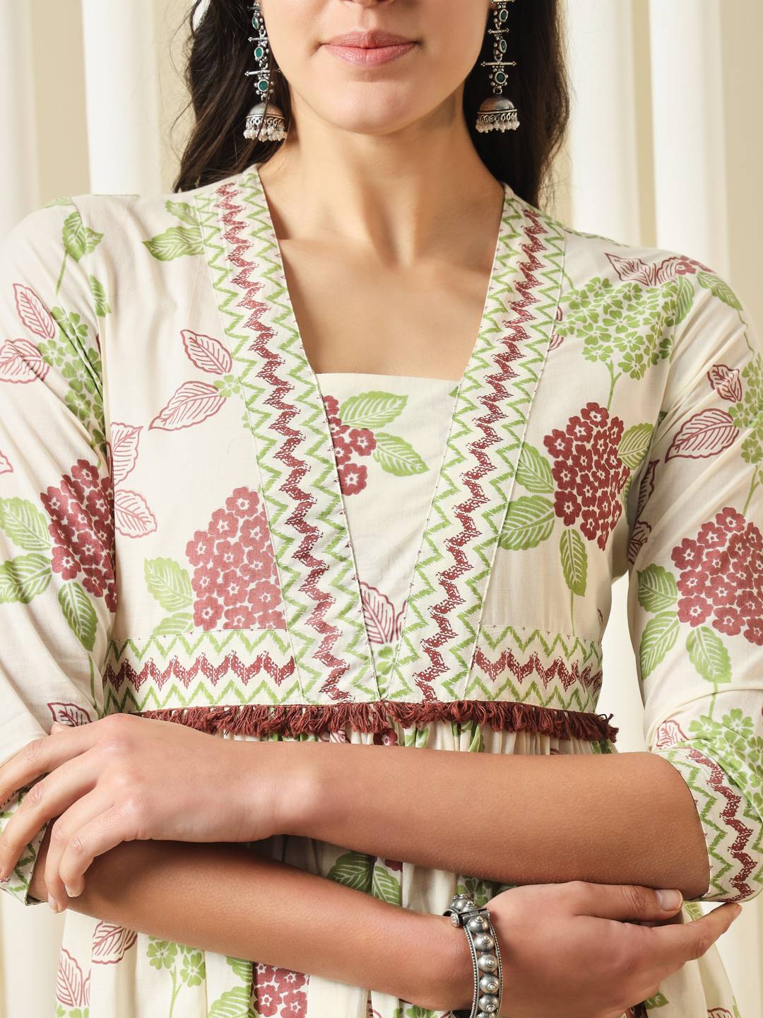 JAITPURIYA FASHION Floral Printed Empire Pure Cotton Flared Anarkali Kurta With Trousers & Dupatta