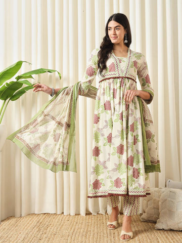 JAITPURIYA FASHION Floral Printed Empire Pure Cotton Flared Anarkali Kurta With Trousers & Dupatta