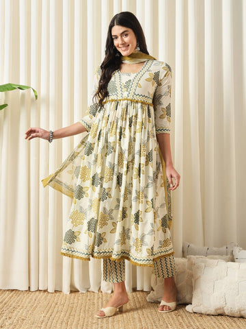 JAITPURIYA FASHION Floral Printed Empire Pure Cotton Flared Anarkali Kurta With Trousers & Dupatta Set