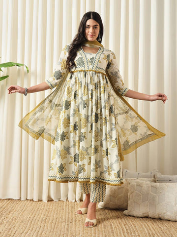 JAITPURIYA FASHION Floral Printed Empire Pure Cotton Flared Anarkali Kurta With Trousers & Dupatta Set