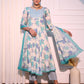 White, blue Floral Printed Gotta Patti Pure Cotton Anarkali Kurta With Trouser & Dupatta Set