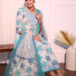 White, blue Floral Printed Gotta Patti Pure Cotton Anarkali Kurta With Trouser & Dupatta Set