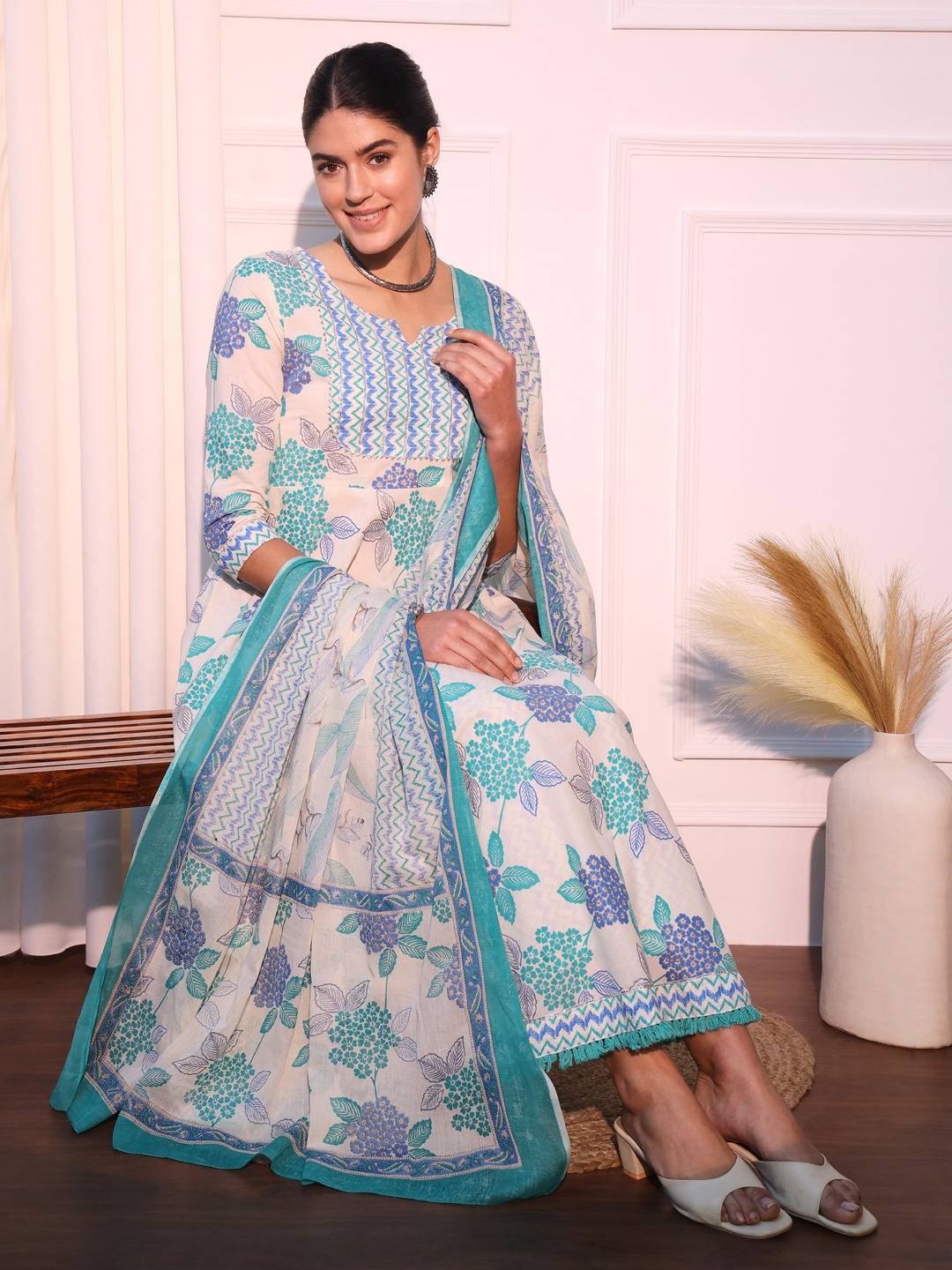 White, blue Floral Printed Gotta Patti Pure Cotton Anarkali Kurta With Trouser & Dupatta Set