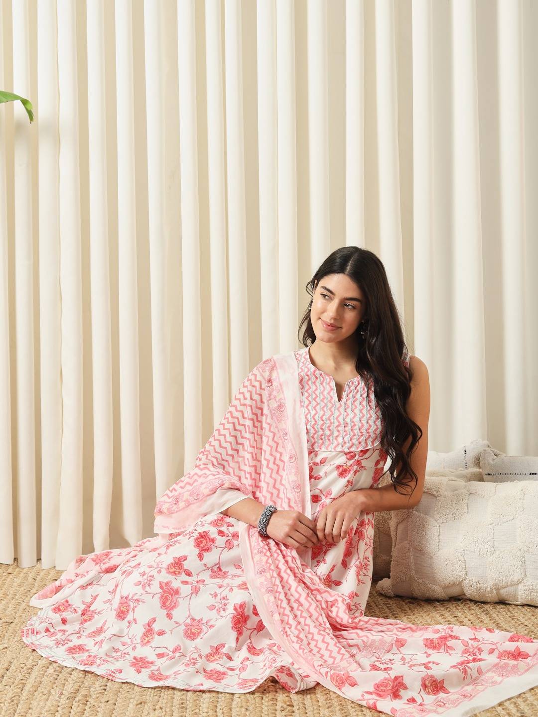 Red Floral Printed Empire Pure Cotton Anarkali Kurta With Trousers & Dupatta Set
