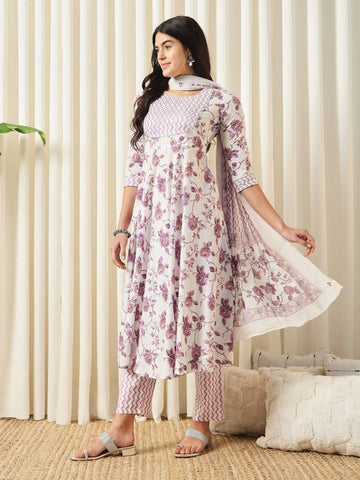 Purple printed kurta with trousers with dupatta