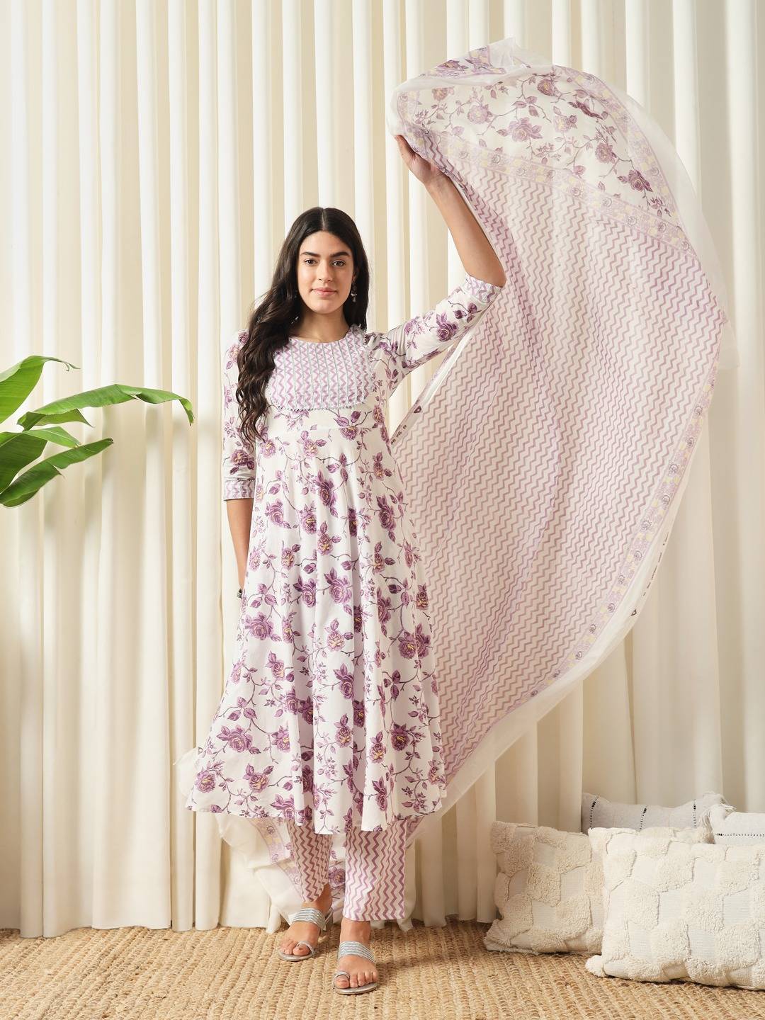 Purple printed kurta with trousers with dupatta