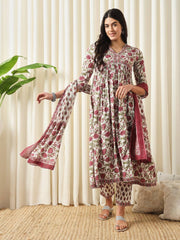 Red, white and green printed kurta with trousers with dupatta