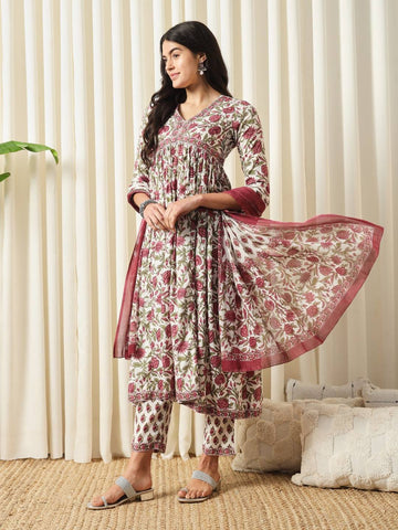 Red, white and green printed kurta with trousers with dupatta