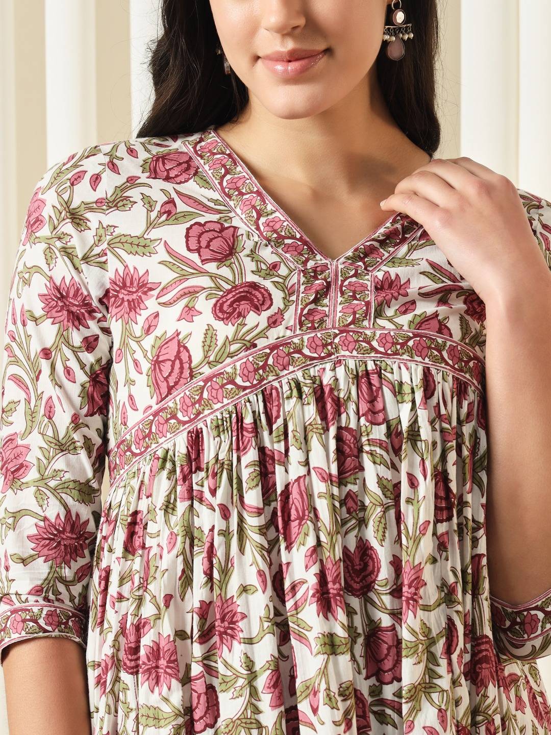 Red, white and green printed kurta with trousers with dupatta